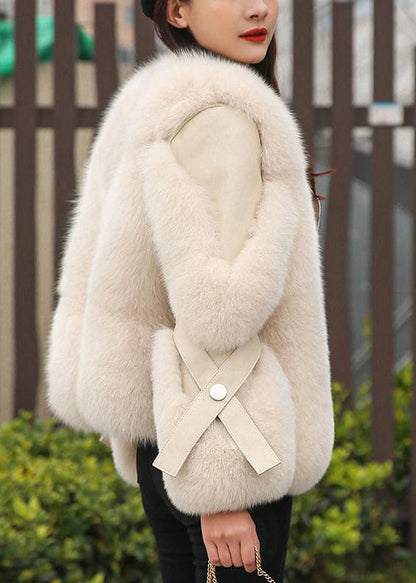 Beige Fox Collar Button Leather and Faux Fur Coats Winter