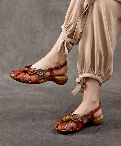 Brown Sandals Splicing Cowhide Leather Hollow Out Buckle Strap