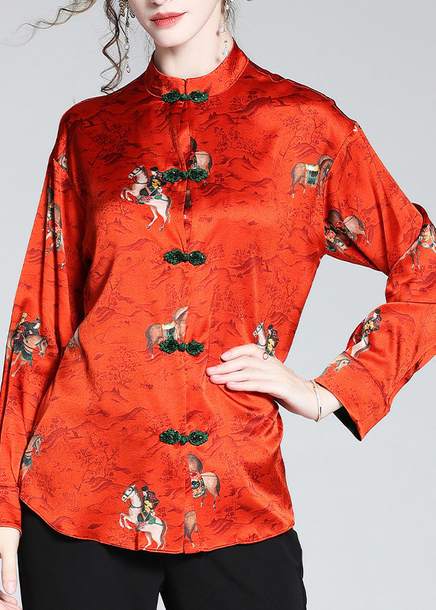 Red Stand Collar Print Button Silk Shirt Long Sleeve