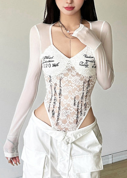 Art Lace Patchwork Graphic Tulle Bodysuit Black O-neck