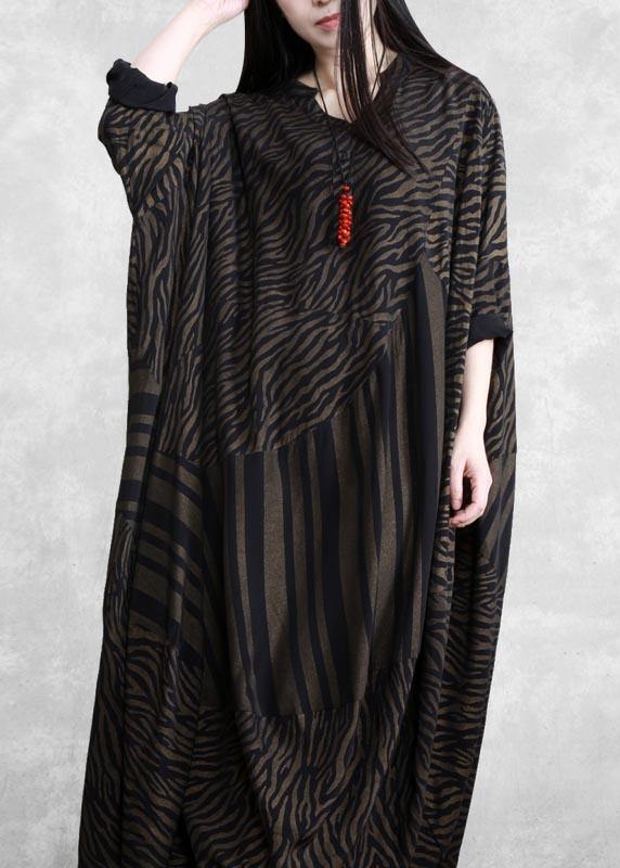 Handmade V Neck Asymmetric Spring Clothes Work Chocolate Striped Robe Dress
