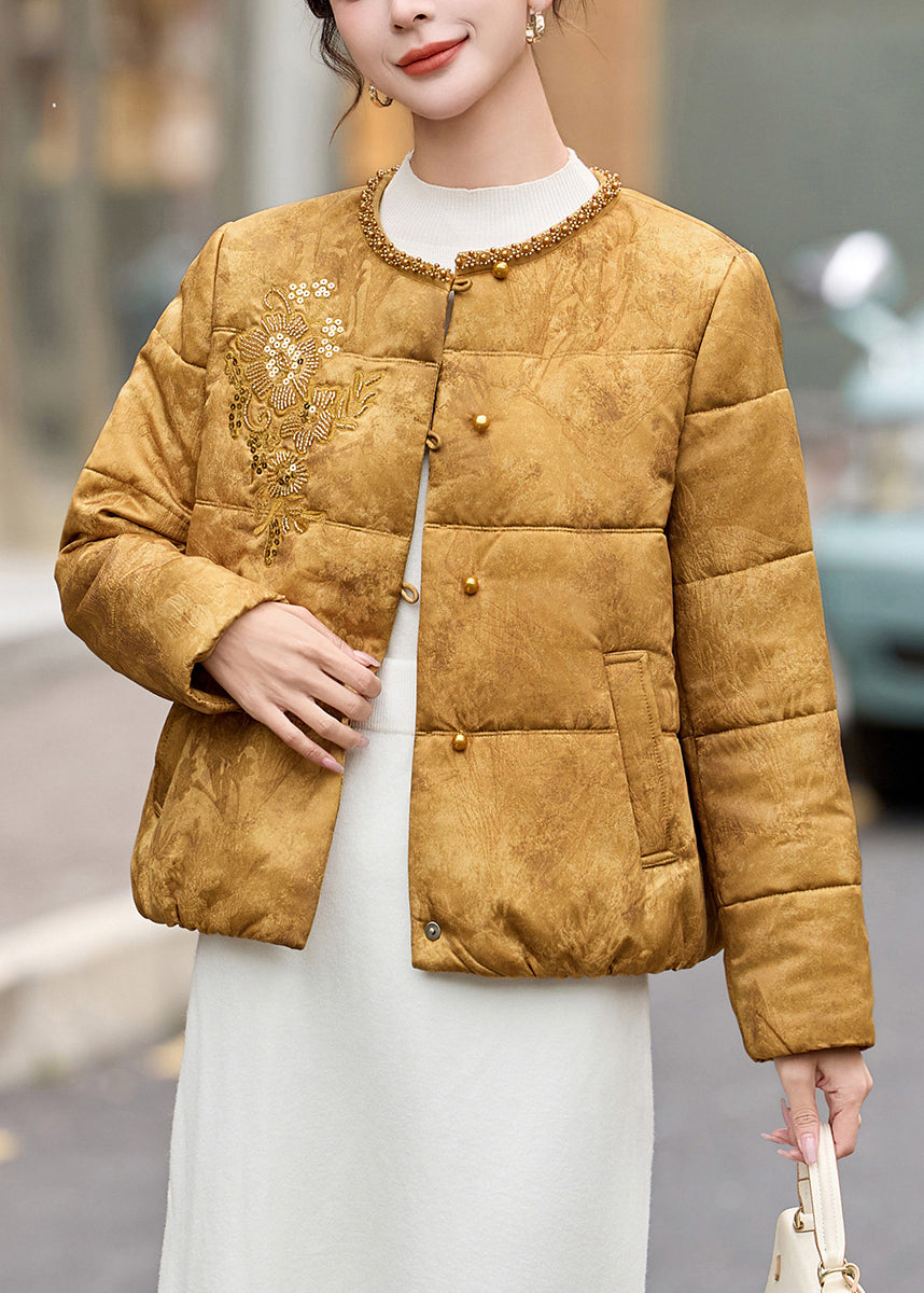 Style Yellow Sequins Embroidered Fine Cotton Filled Witner Coats