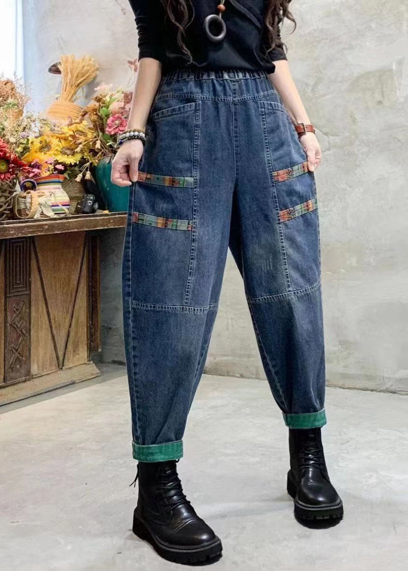 Blue Pockets Patchwork Applique Denim Harem Pants