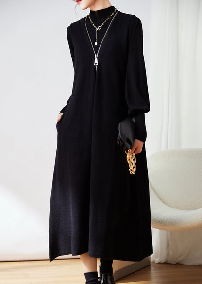 French Black Zippered Waistcoat Dresses and Top Knit Two-piece Set Winter