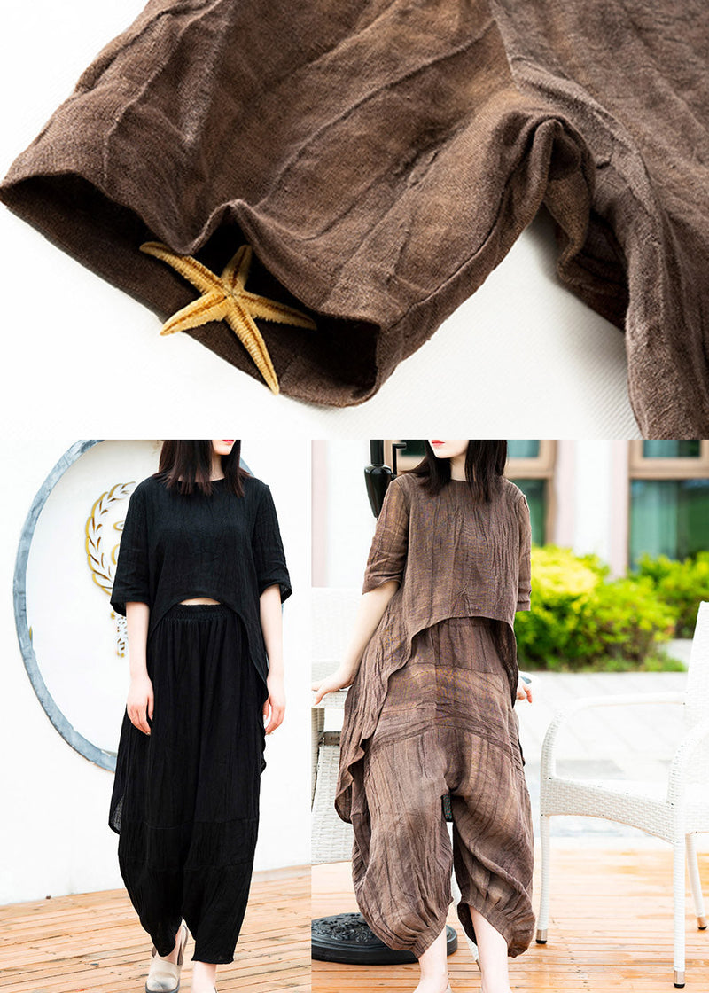 Chocolate O-neck Asymmetrical Linen Top and Lantern Pants Two Pieces Set Summer