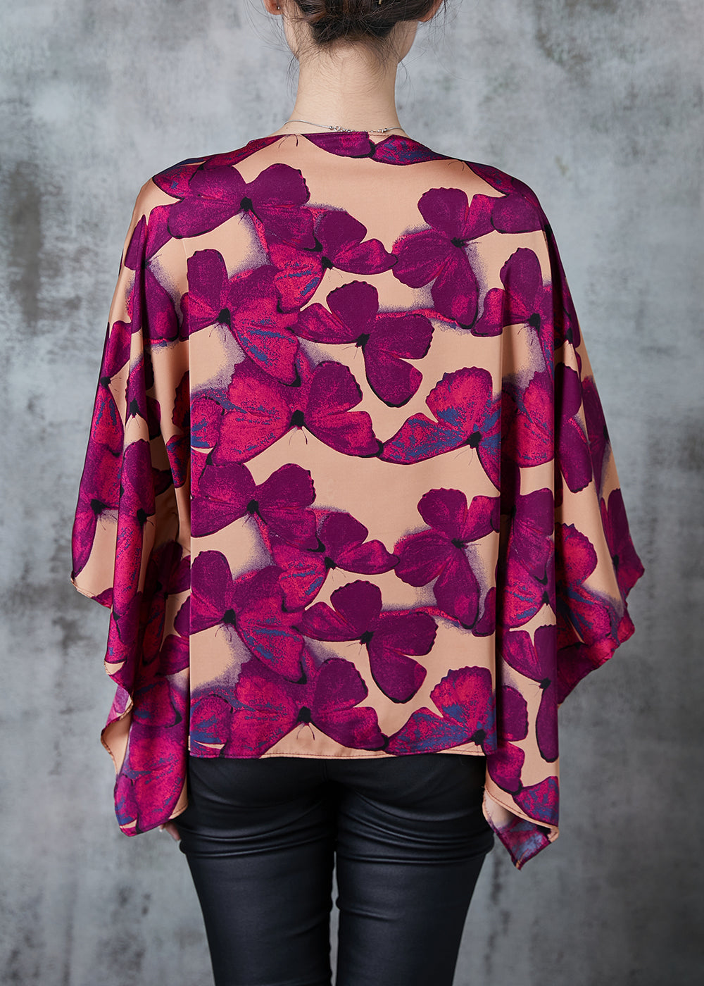 Brown Oversized Butterfly Silk Shirt Batwing Sleeve Spring