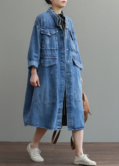 Unique Blue Pockets Button Loose Fall Denim Long Sleeve Coats Trench Coats