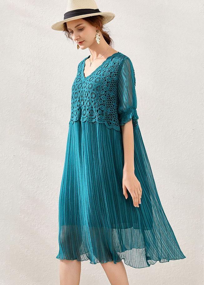 Peacock Blue Chiffon a Line Spring Long Dresses Short Sleeve