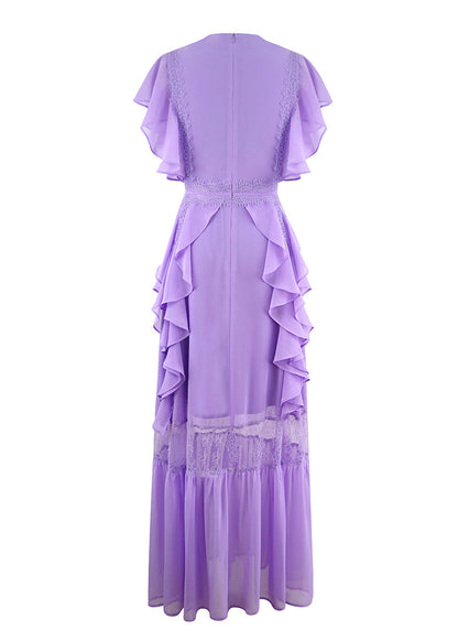 Purple V Neck Ruffled Lace Patchwork Silk Ankle Dress Summer