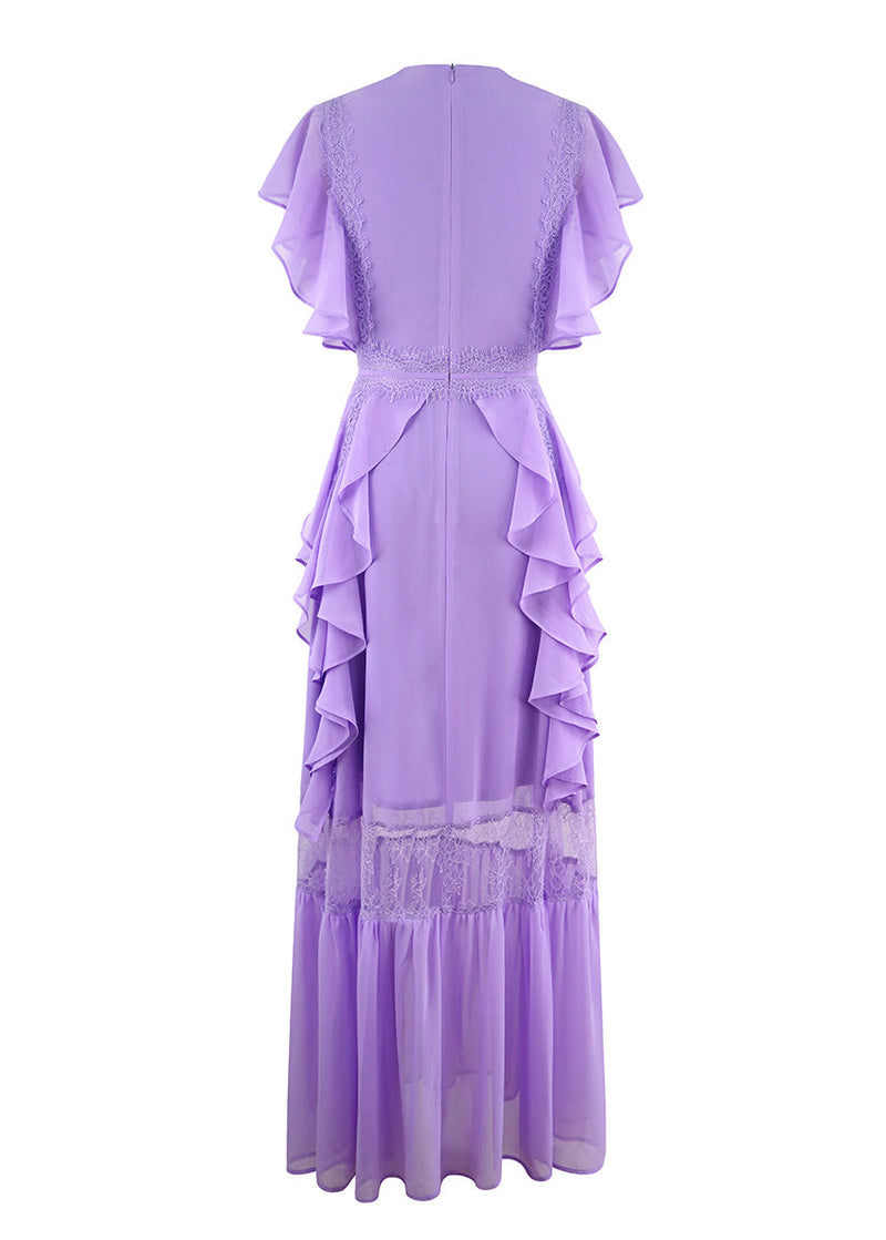 Purple V Neck Ruffled Lace Patchwork Silk Ankle Dress Summer
