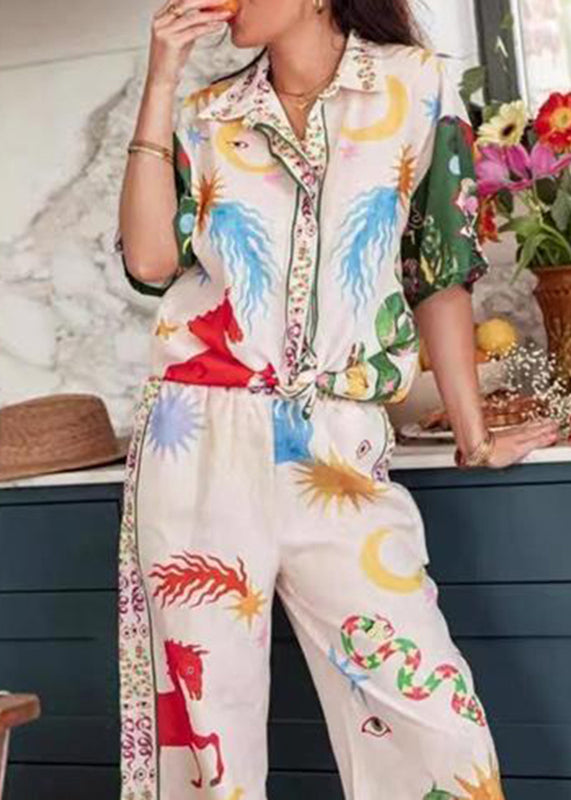 Stylish Beige Peter Pan Collar Shirts and Straight Pants Two Pieces Set Summer
