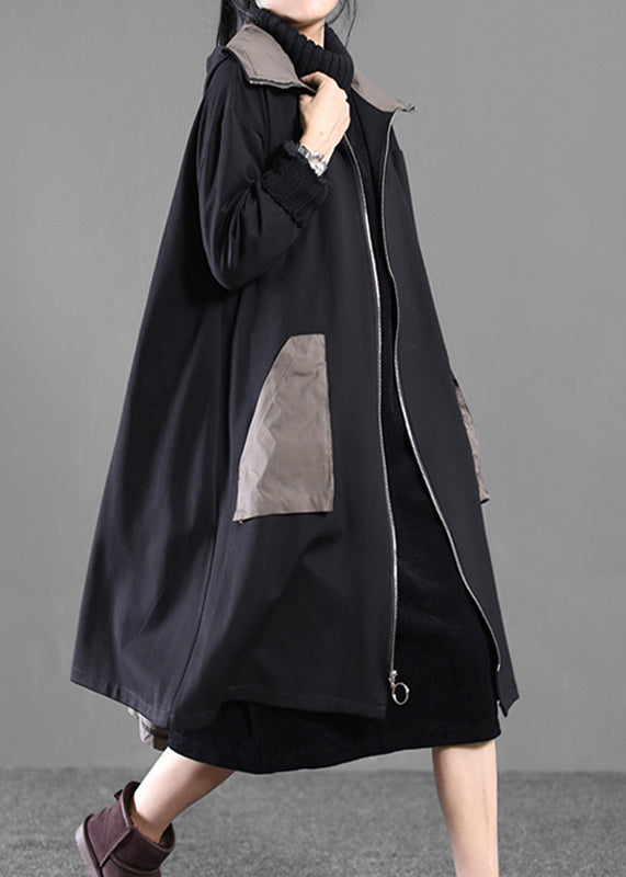 Black Patchwork Zippered Long Hoodie Trench Coat Long Sleeve