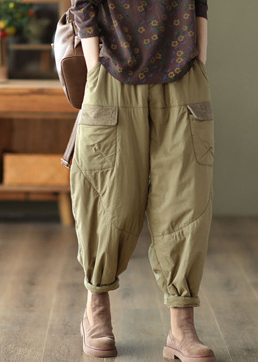 Light Green Pockets Patchwork Fleece Harem Pants