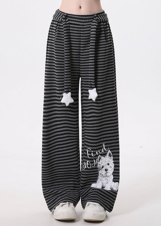 Grey Striped Animal Print Cotton Pants Spring
