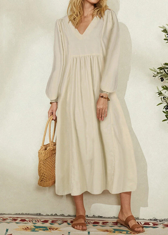 Orange Cotton Linen Loose Balloon Sleeve Dress