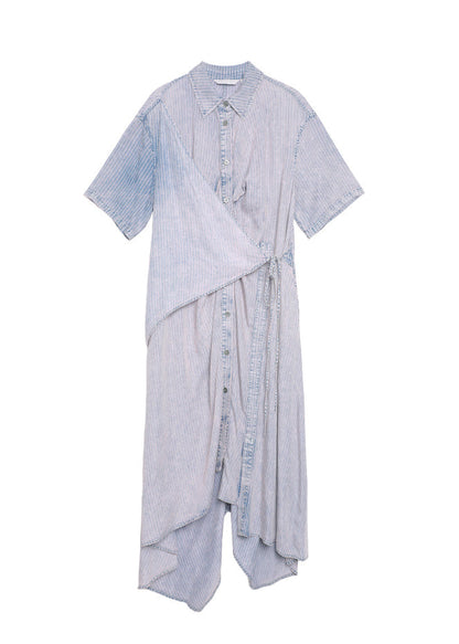 Peter Pan Collar Asymmetrical Design Lace Up Patchwork Denim Dress Summer