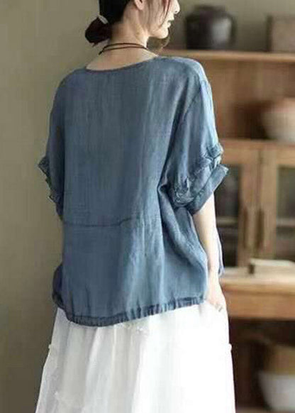 Retro Blue O-neck Ruffled Button Drawstring Top Half Sleeve