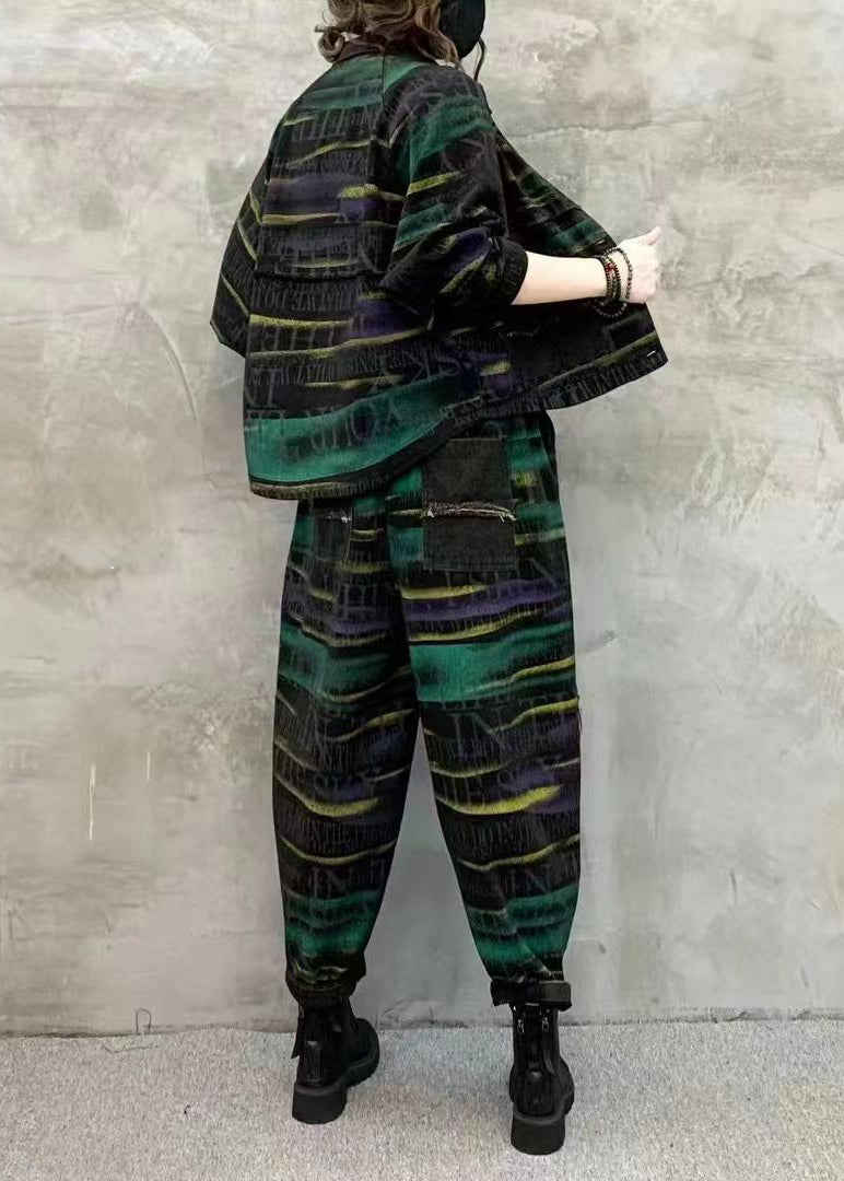 Green Print Tops and Pants Denim Two Piece Set Fall
