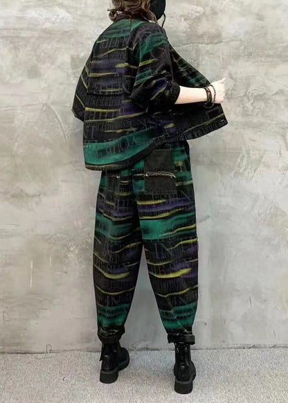 Green Print Tops and Pants Denim Two Piece Set Fall
