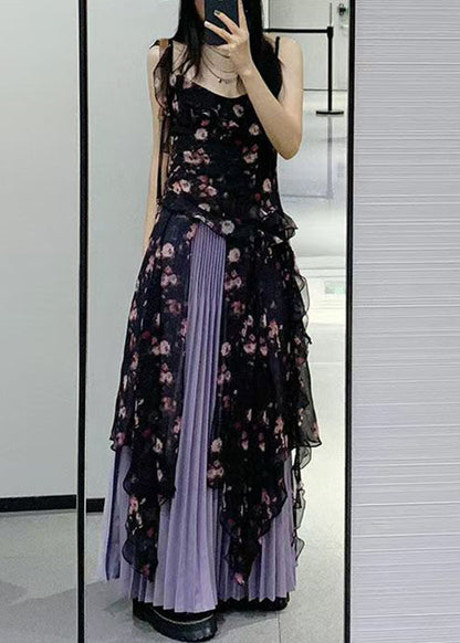 Black Ruffled Print Chiffon Two-piece Set Sleeveless
