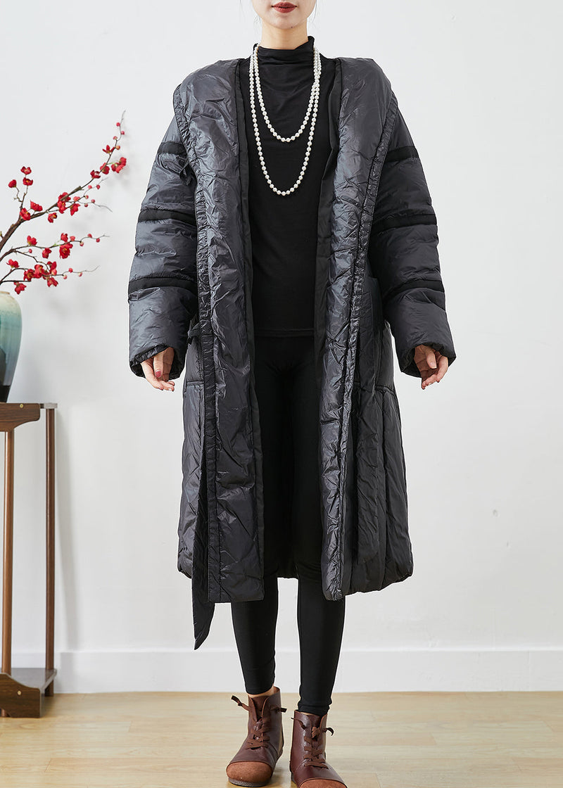 Classy Black Tie Waist Oversized Warm Duck Down Jacket in Winter