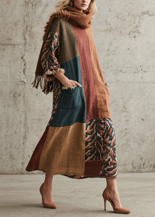 Original Colorblock Print Fuzzy Fur Patchwork Cotton Dresses Fall