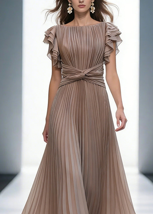 Mocha Queen Pleated Ruffle Sleeve Cross Waist Maxi Dress