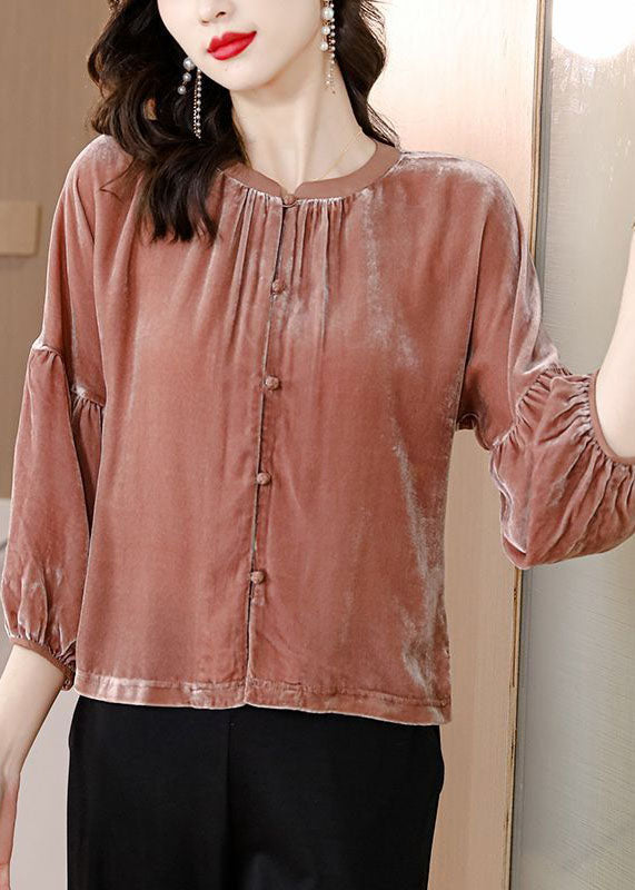 Orange O-neck Patchwork Silk Velour Shirts Bracelet Sleeve