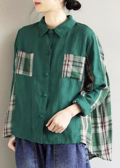 Lapel Patchwork Spring Blouse Fabrics Green Plaid Shirts