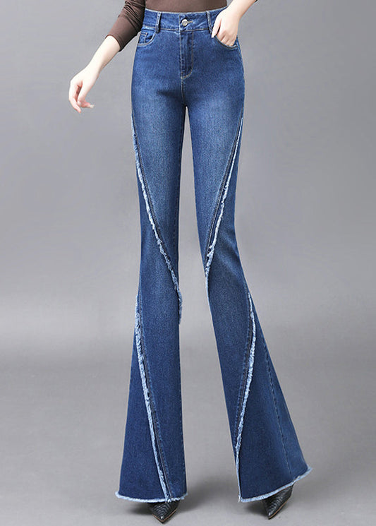 Navy Tassel Pockets Patchwork Denim Flared Trousers Fall