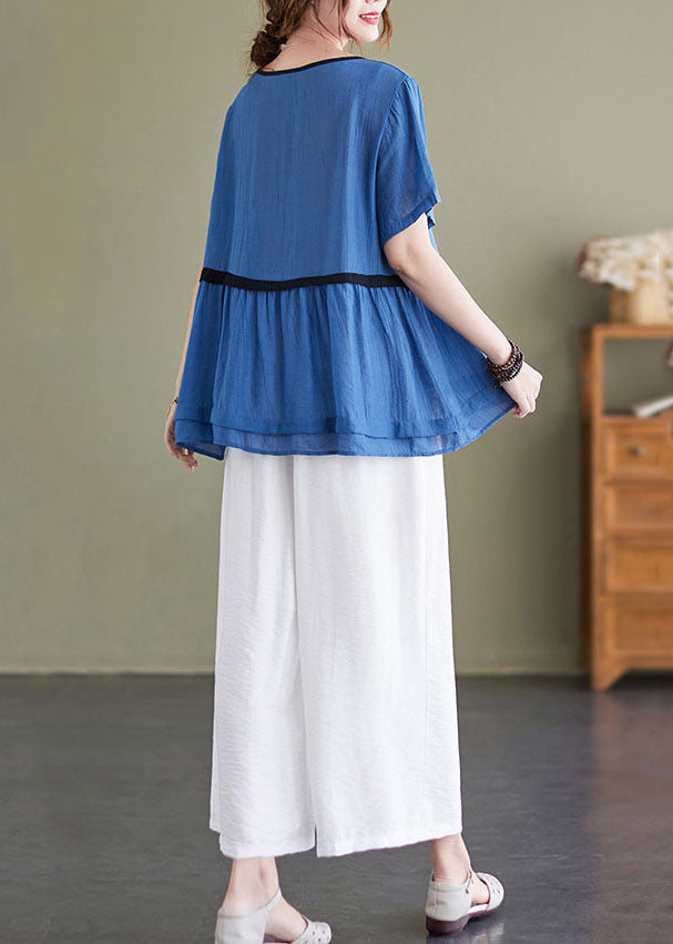 Diy Blue Wrinkled Patchwork Button Tops and Crop Pants Linen Two Pieces Set Summer