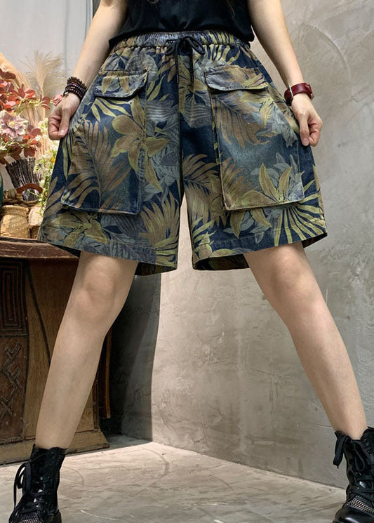 Modern Blue Cinched Print Denim Summer Hot Pants