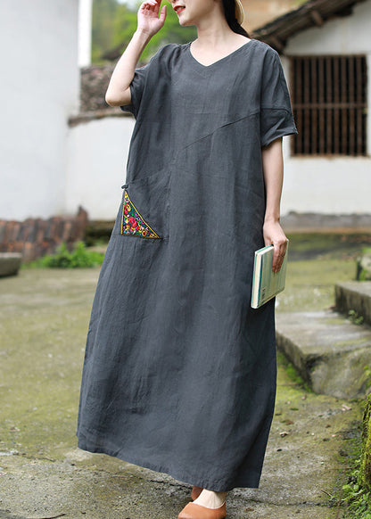 Grey Embroideried V Neck Patchwork Linen Dress Short Sleeve
