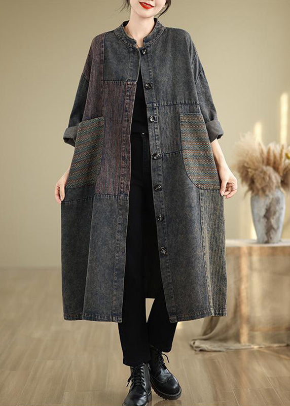 Black Stand Collar Pockets Patchwork Long Trench Coat Fall