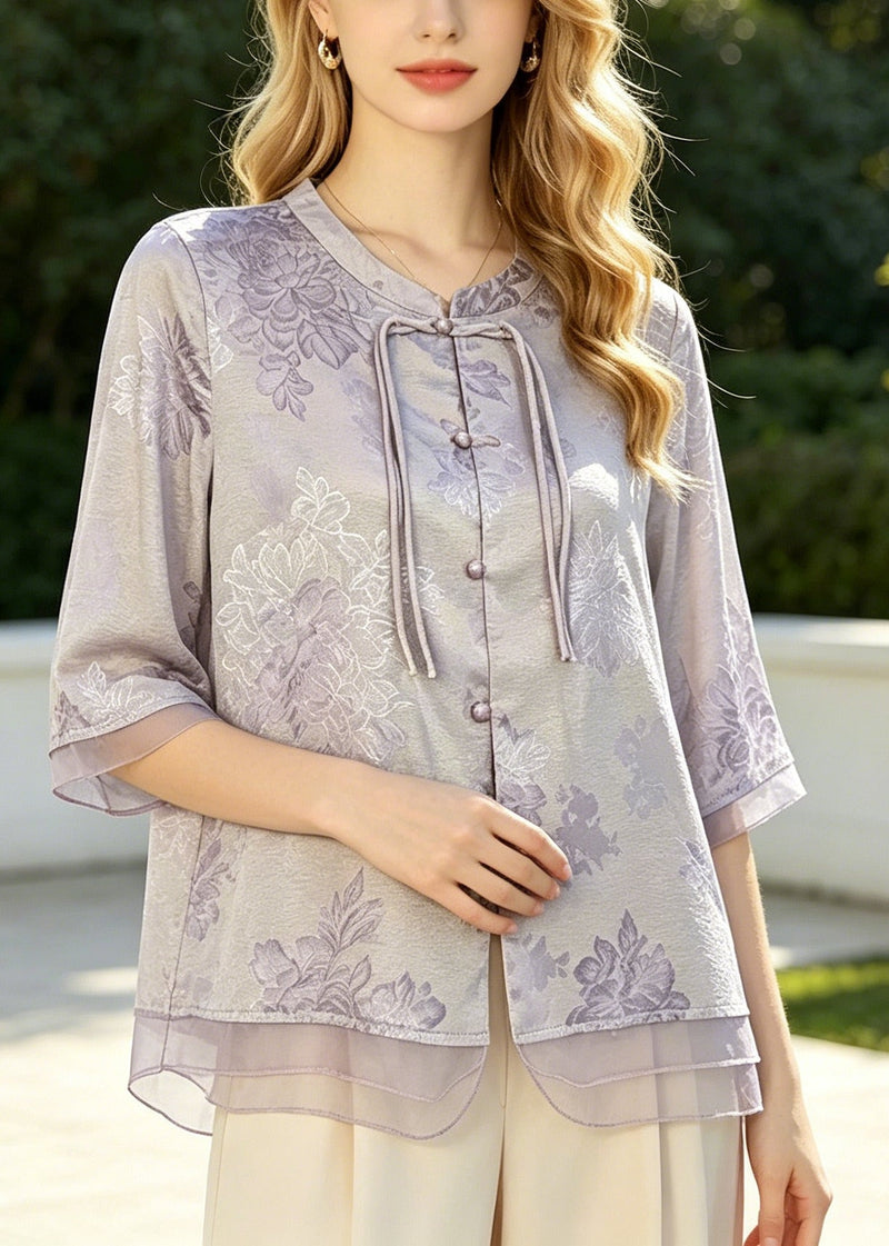 Purple Tasseled Jacquard Silk Blouse Top Summer