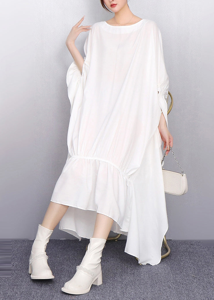 White Oversized Low High Design Cotton Dress Batwing Sleeve