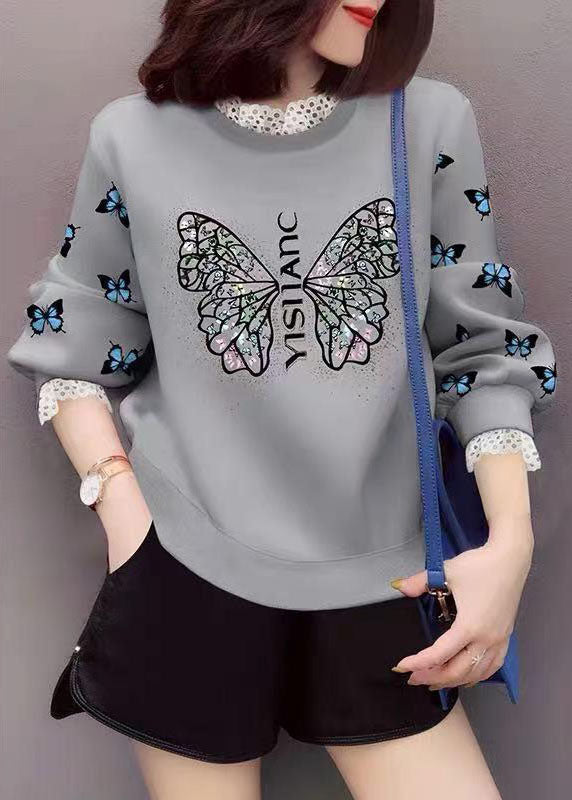 Grey Lace Patchwork Print Fall Sweatshirt Street Wear