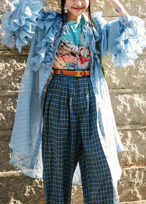 French Blue Wrinkled Ruffled Summer Chiffon Shirts Long Sleeve