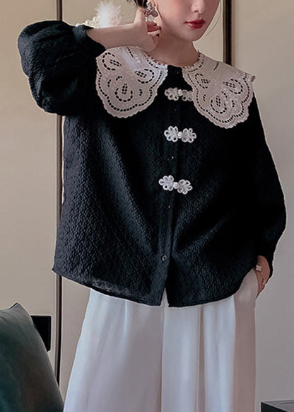 Black Peter Pan Collar Print Button Shirts Long Sleeve