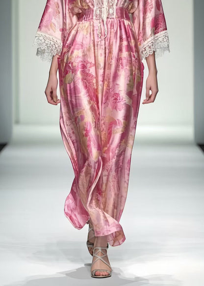 Pink Print Patchwork Lace Robe Dresses Summer