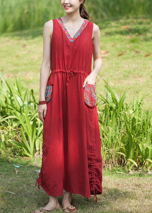 Red V Neck Drawstring Pocket Patchwork Vacation Dresses Sleeveless