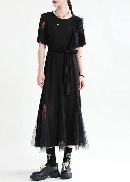 Art Black Patchwork Tulle Summer Tie Waist Dress Short Sleeve