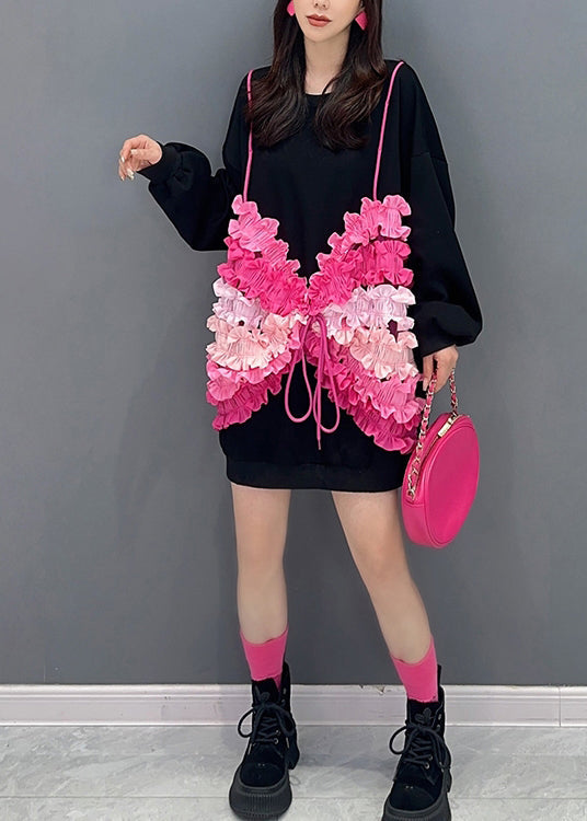 Black O Neck Ruffled Butterfly Cotton Sweatshirt Fall