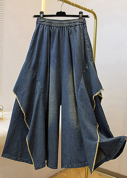 Blue Pockets Patchwork Wide Leg Denim Pants Fall