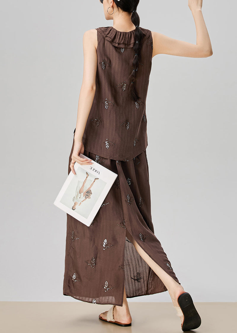 Fine Coffee Ruffled Print Lace Up Cotton Two Piece Set Sleeveless
