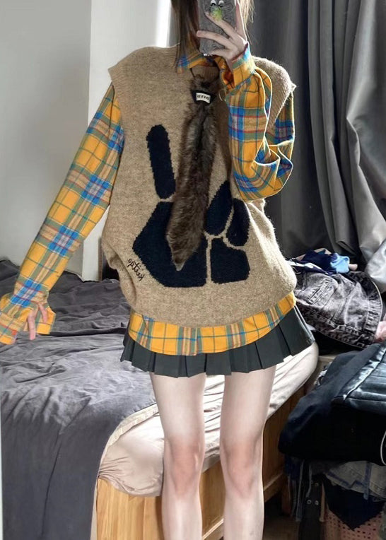 Modern Yellow Plaid Knit Vest and Shirts Two Pieces Set Spring