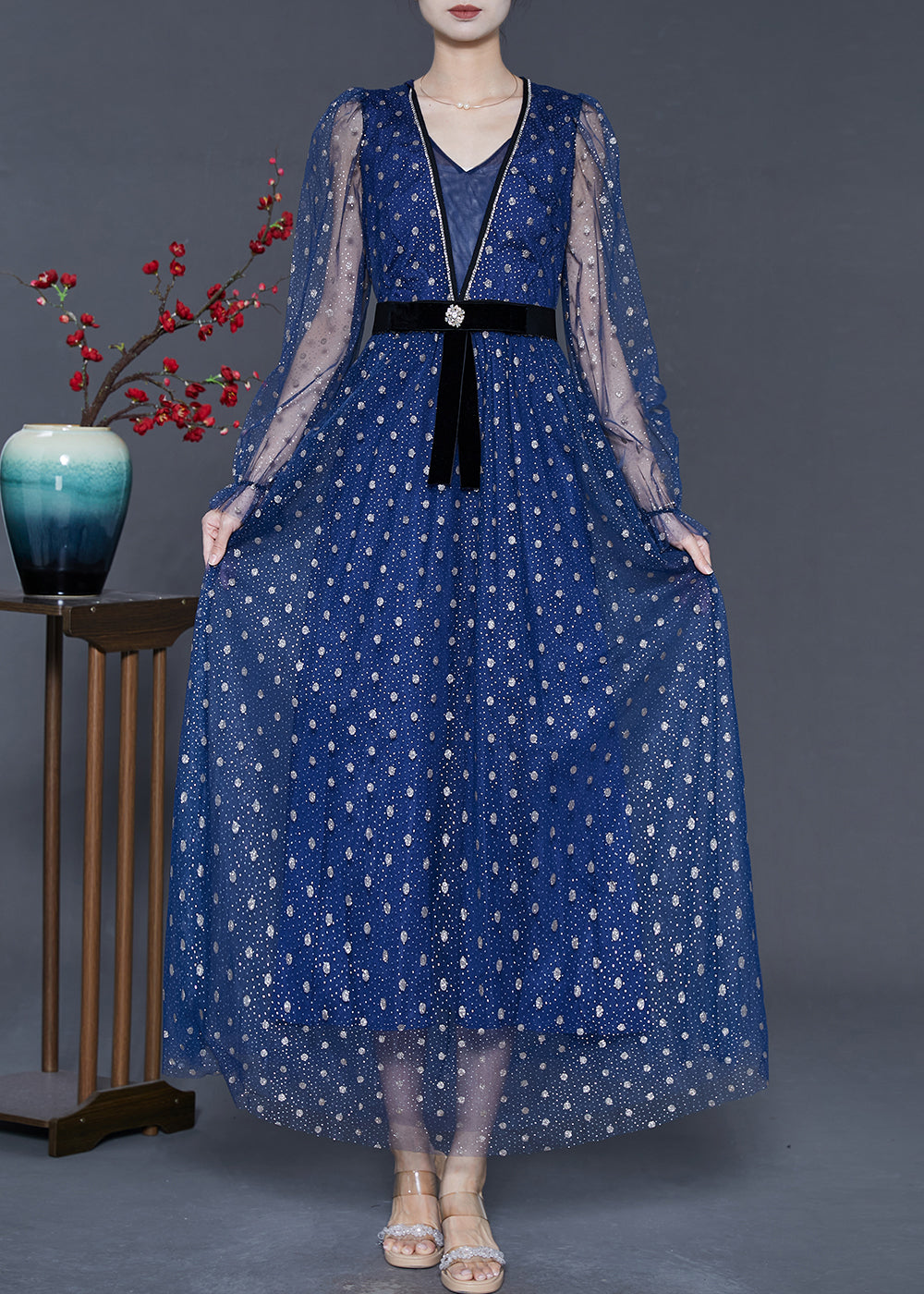 Blue V Neck Print Tulle Long Dresses Summer