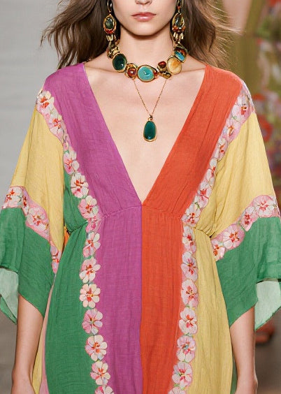 Colorblock Oversized Print Cotton Ankle Dress Summer