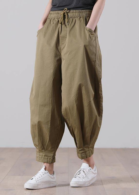 Loose Khaki Tie Waist Pockets Harem Pants Summer Cotton