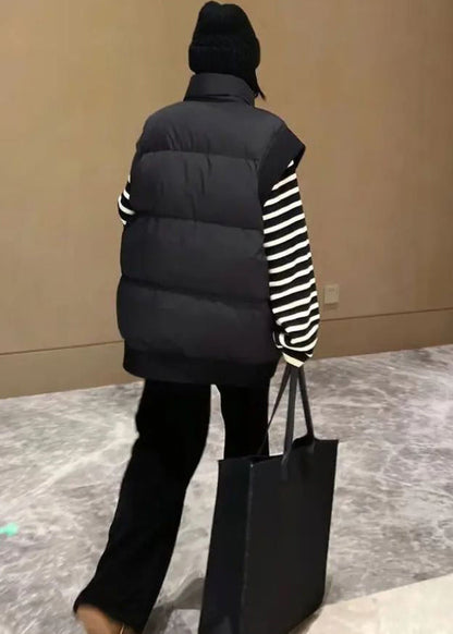 Black Stand Collar Pockets Duck Down Down Vest Winter